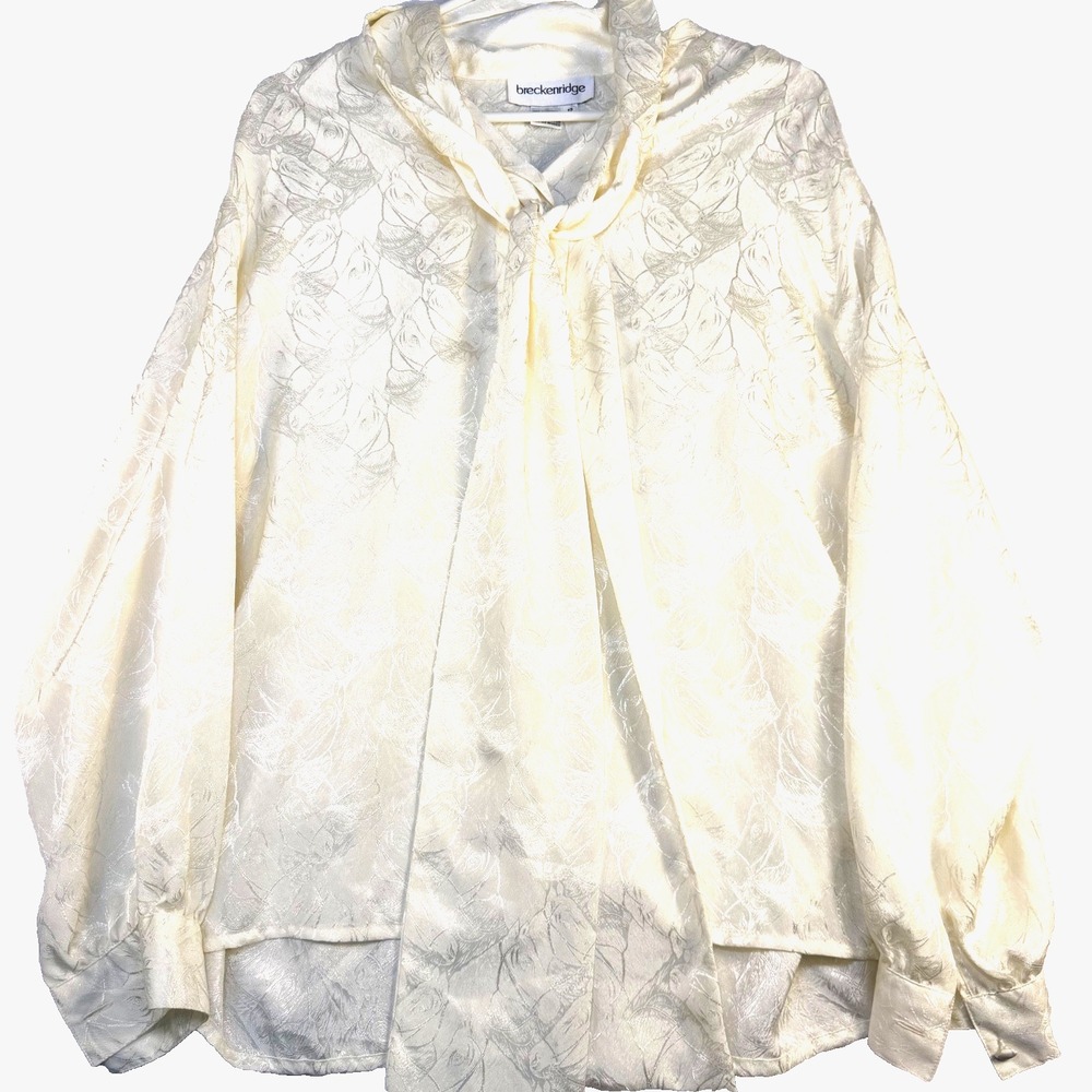 Breckenridge Horse Print Tie Neck Blouse Womens Size 12 Ivory Satin Jacquard Equ - Picture 2 of 9